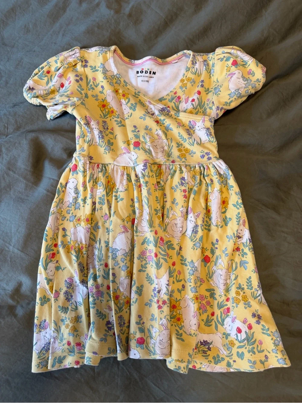 Mini Boden Yellow Bunny & Floral Puff Sleeve Dress 4-5y